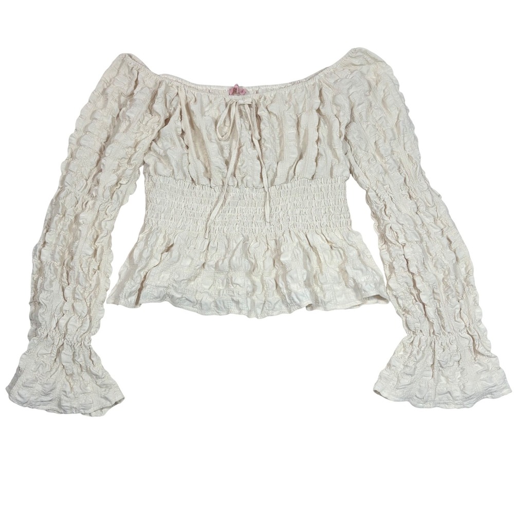 Rose and Grey Cream Popcorn Textured Smocked Peplum Top  Off Shoulder Blouse XL